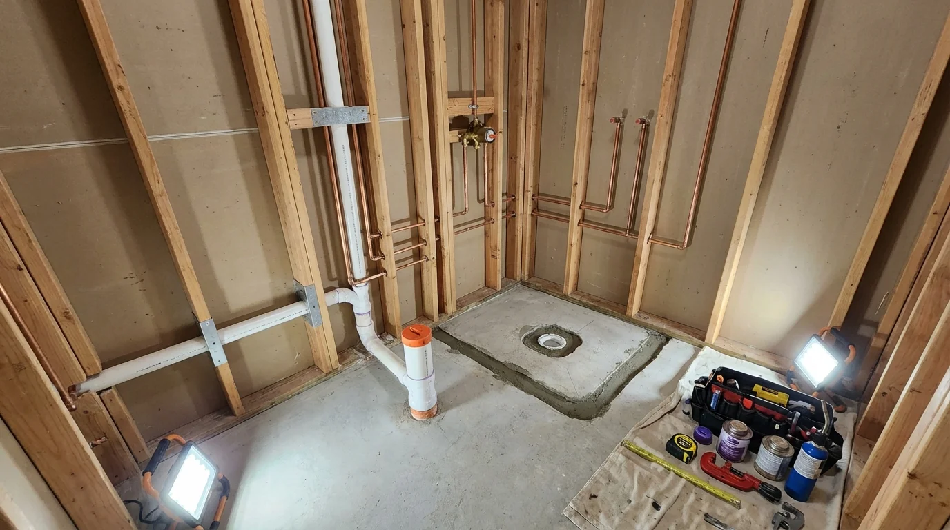 Bathroom rough-in plumbing during remodel by Johns Plumbing LLC in Lowville