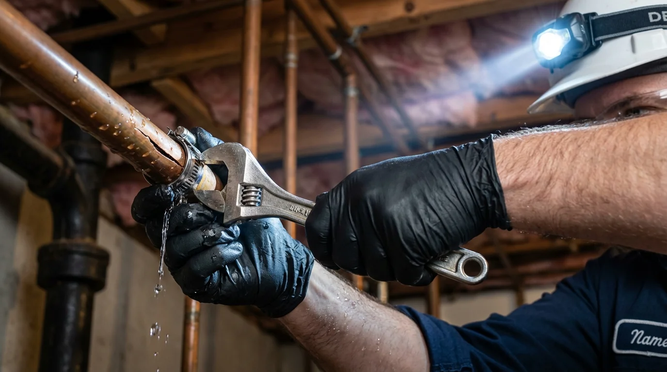 Emergency pipe clamp repair being performed by a Johns Plumbing LLC plumber in Lowville