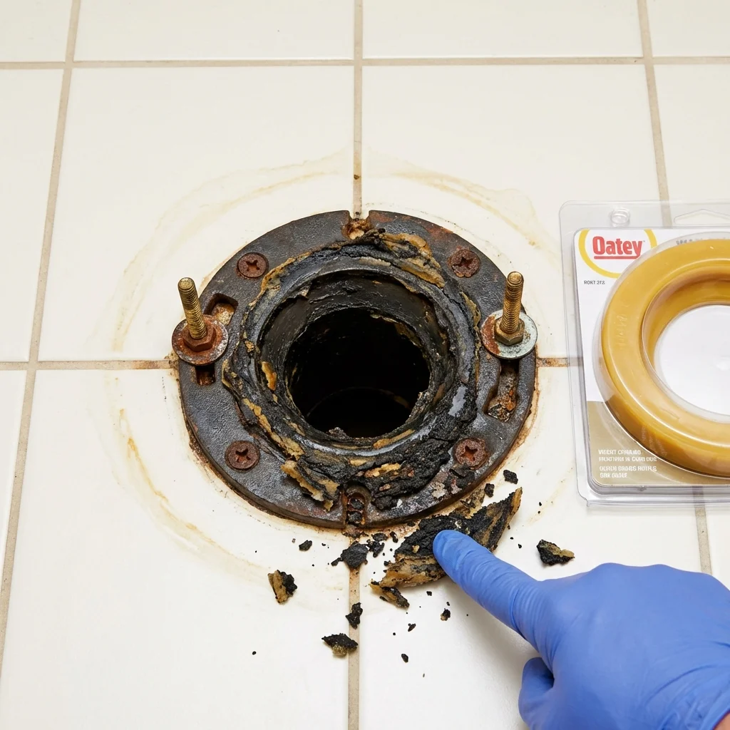 Failed wax ring showing water seepage at the base of a toilet in a Lowville, NY home